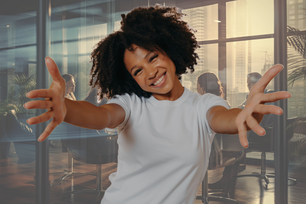 young afro american woman holding out her arms