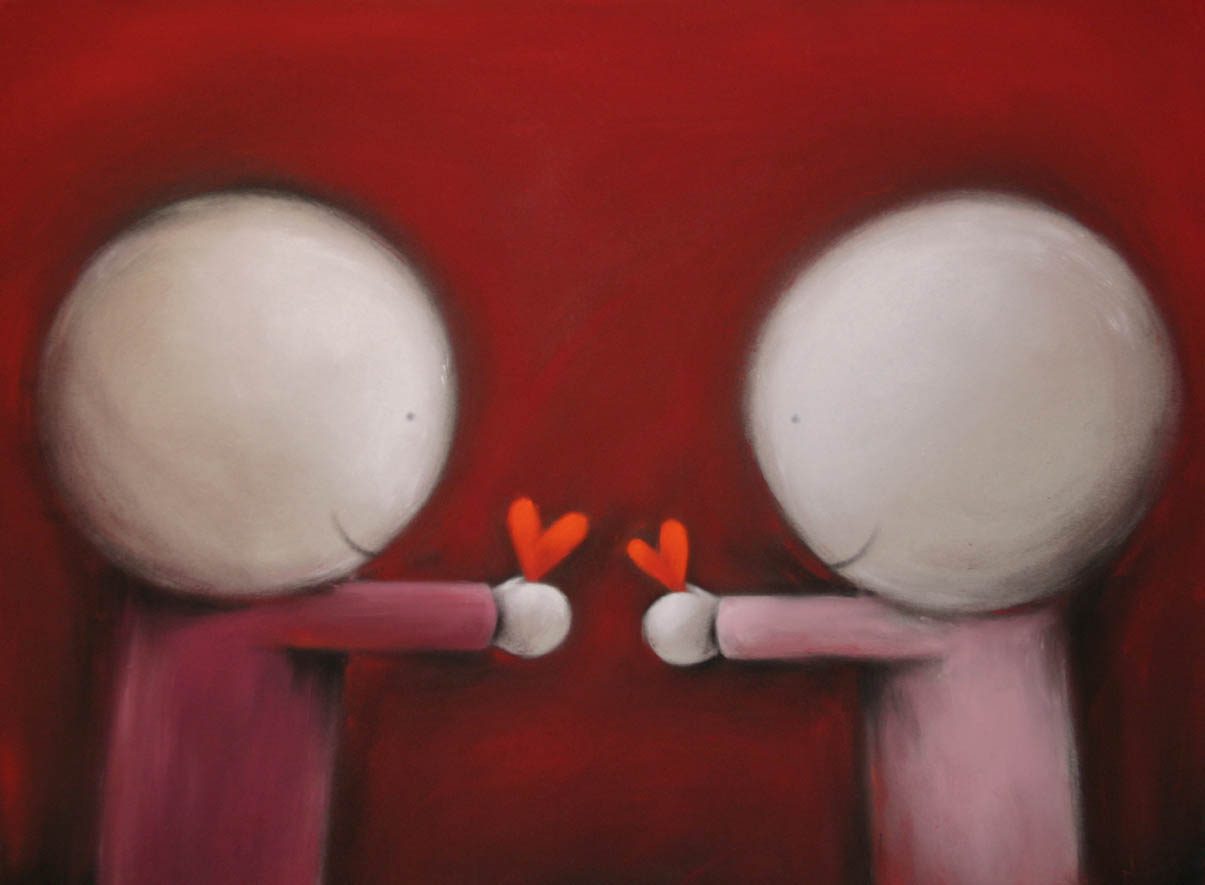 Illustration of two characters giving hearts to each other